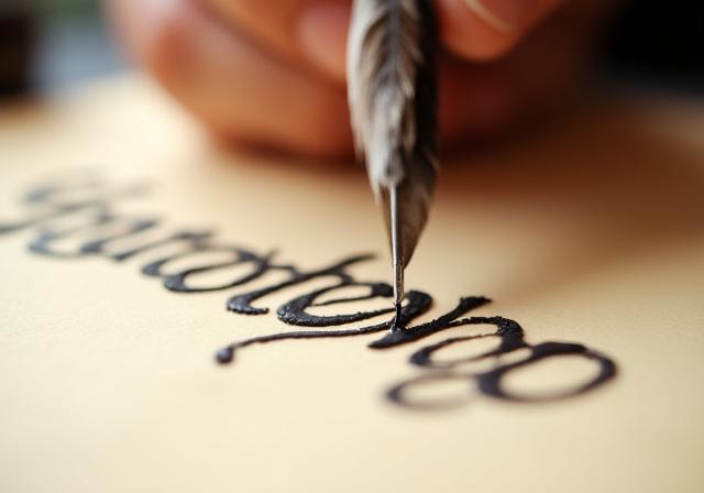 Close-up of a calligrapher's hand writing on fine paper with a dip pen